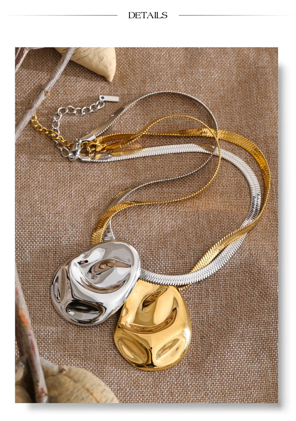 Hammered geometric necklace in gold-plated stainless steel.