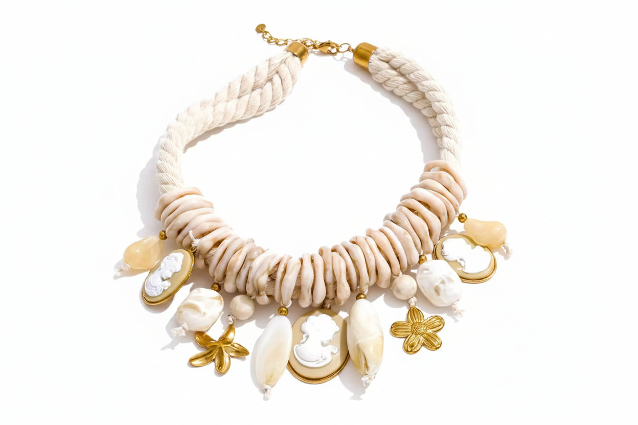 Gold-plated stainless steel necklace with resin beads and a shell pendant.