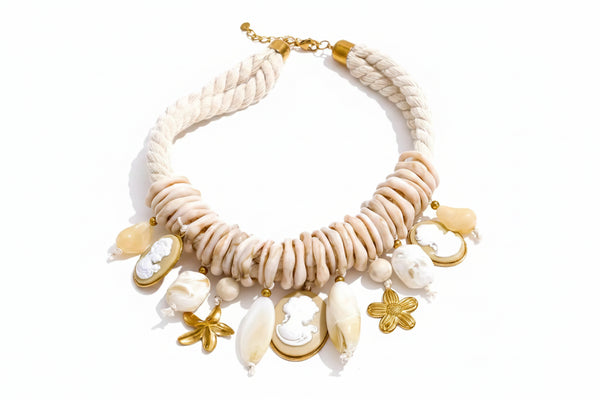 Gold-plated stainless steel necklace with resin beads and a shell pendant.