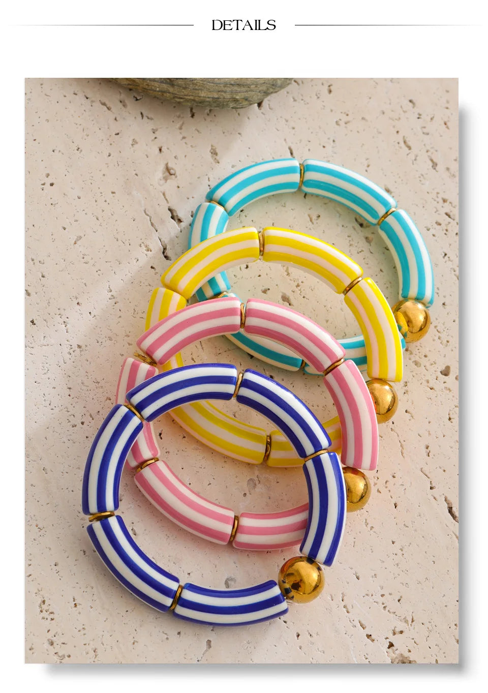 Resin acrylic multi-color bracelet in gold-plated stainless steel with resin and acrylic.