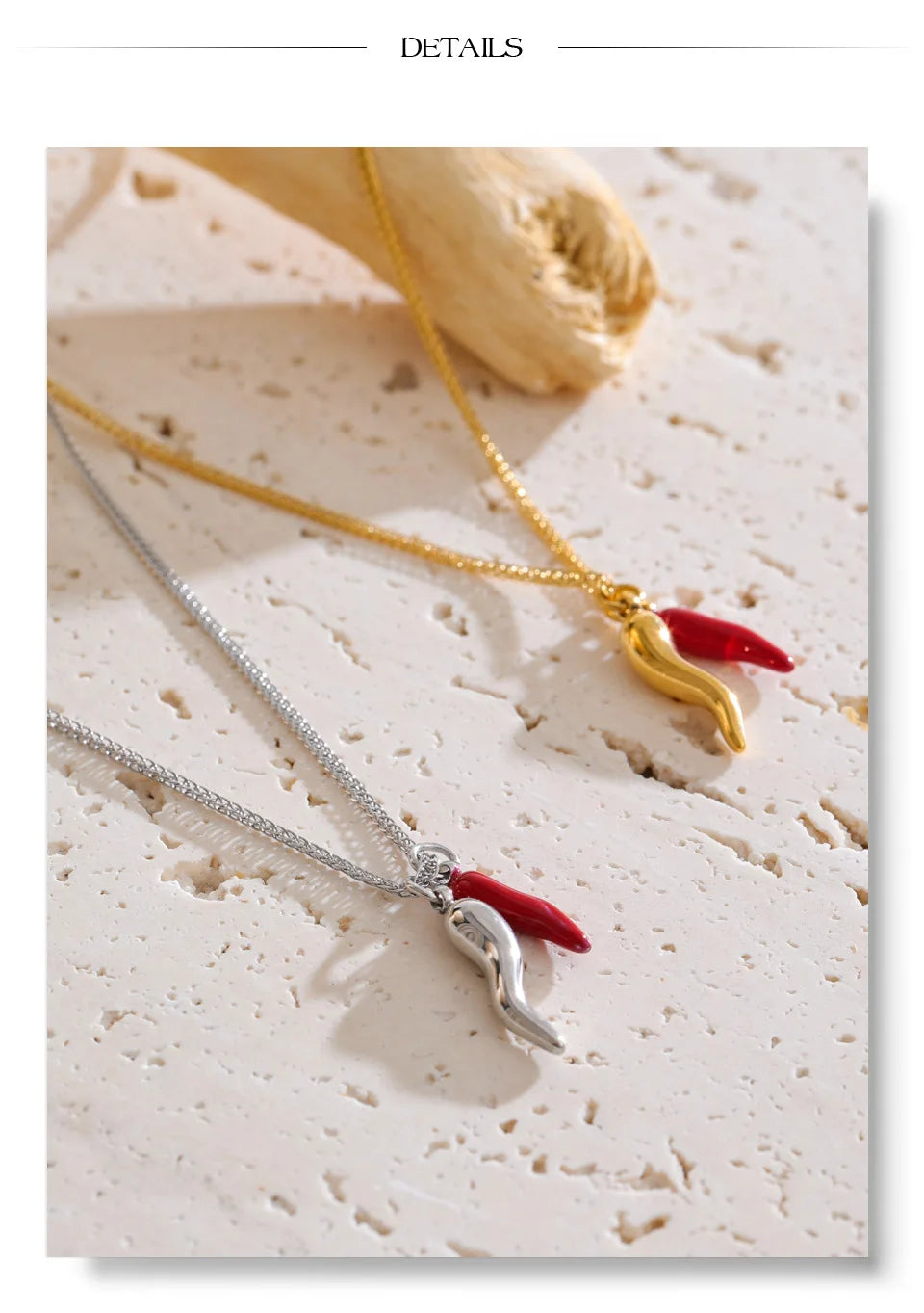 Red enamel geometric necklace in gold-plated stainless steel with enamel.