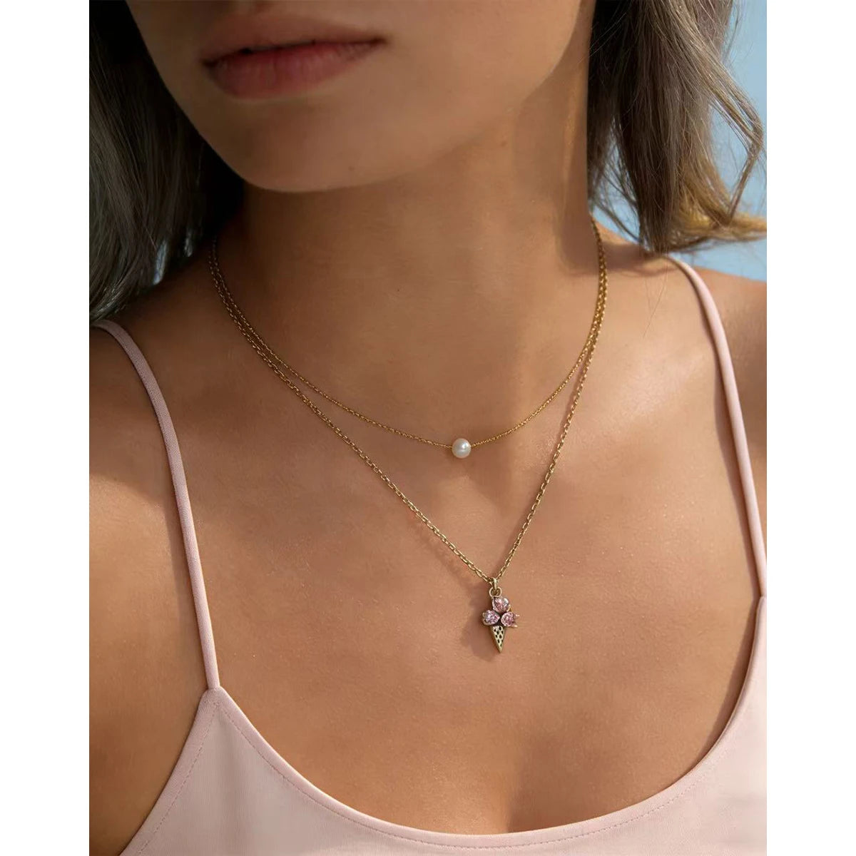 Pink Crystal Ice Cream Pendant Necklace Charm — 316L Stainless Steel · PS455