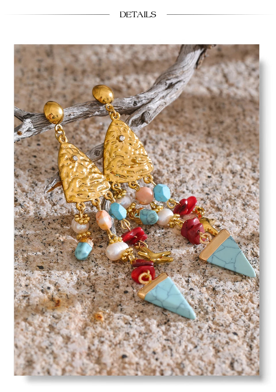 Freshwater pearl resin geometric earrings in gold-plated 316L stainless steel with freshwater pearl and resin.