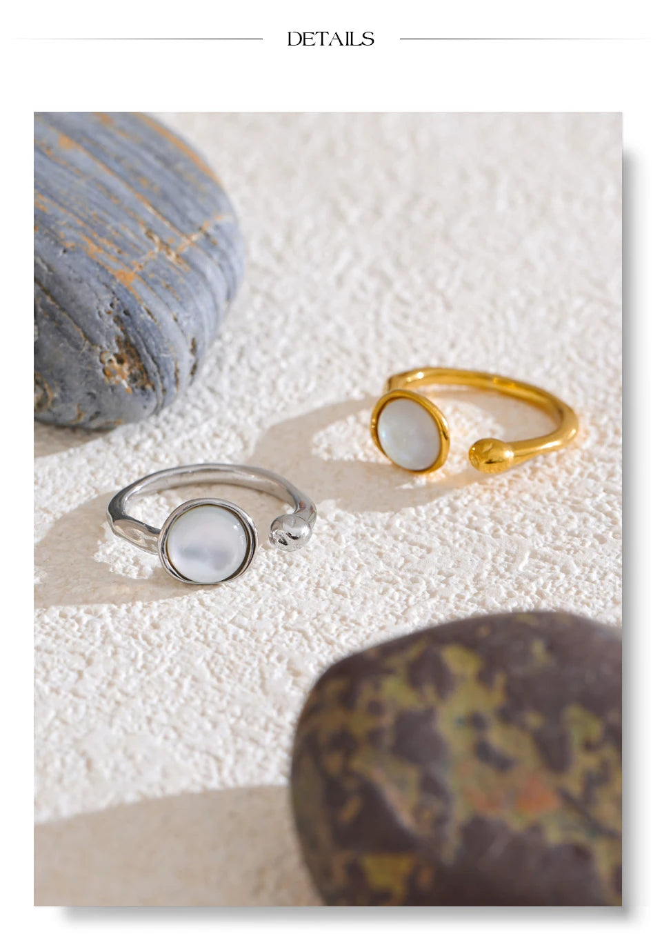 Shell geometric ring in 18K gold-plated stainless steel with shell.