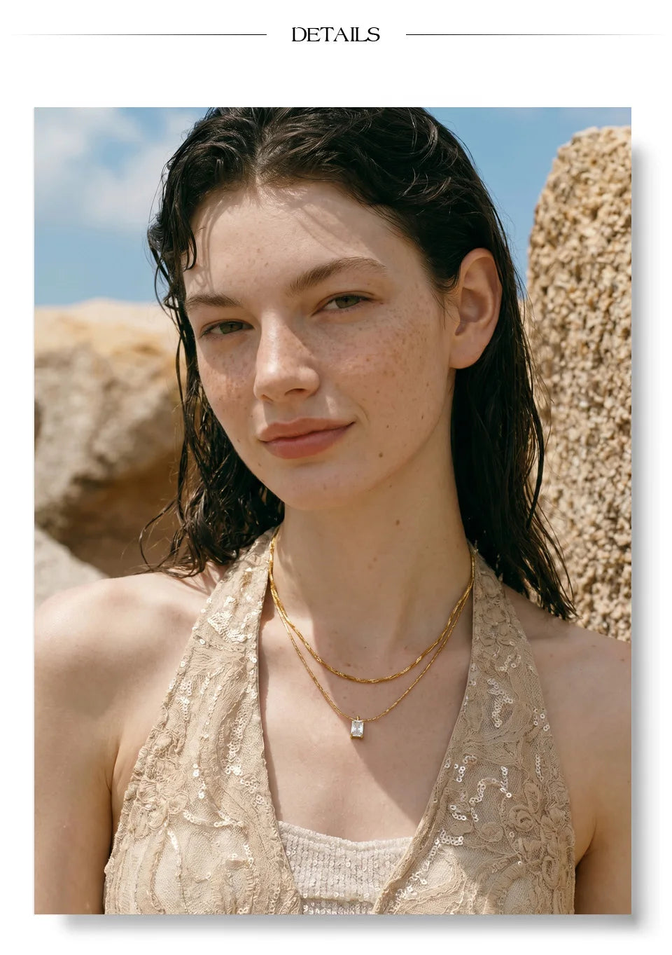 Cubic zirconia geometric chain necklace in gold-plated stainless steel with cubic zirconia.