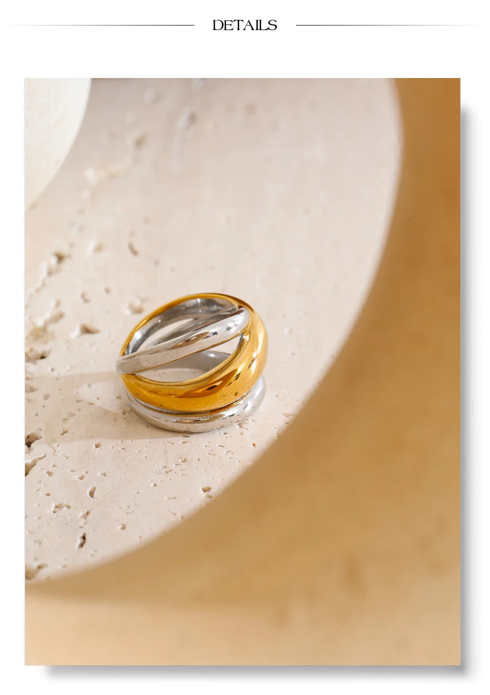 Geometric layered ring in 18K gold-plated stainless steel.