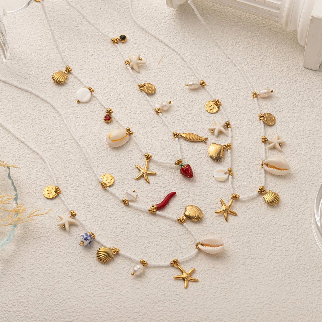 Bohemian Beach Shell Necklace Imitation Pearl Sea Star Conch Pendant Necklace Jewelry Gold Plated