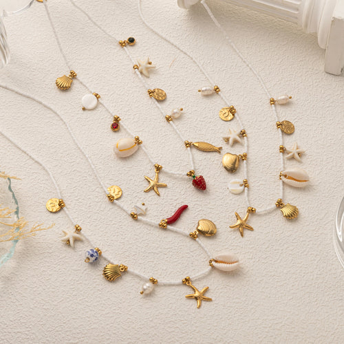 Bohemian Beach Shell Necklace Imitation Pearl Sea Star Conch Pendant Necklace Jewelry Gold Plated