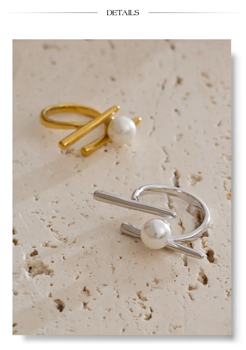 Pearl geometric ring in 18K gold-plated stainless steel with pearl.