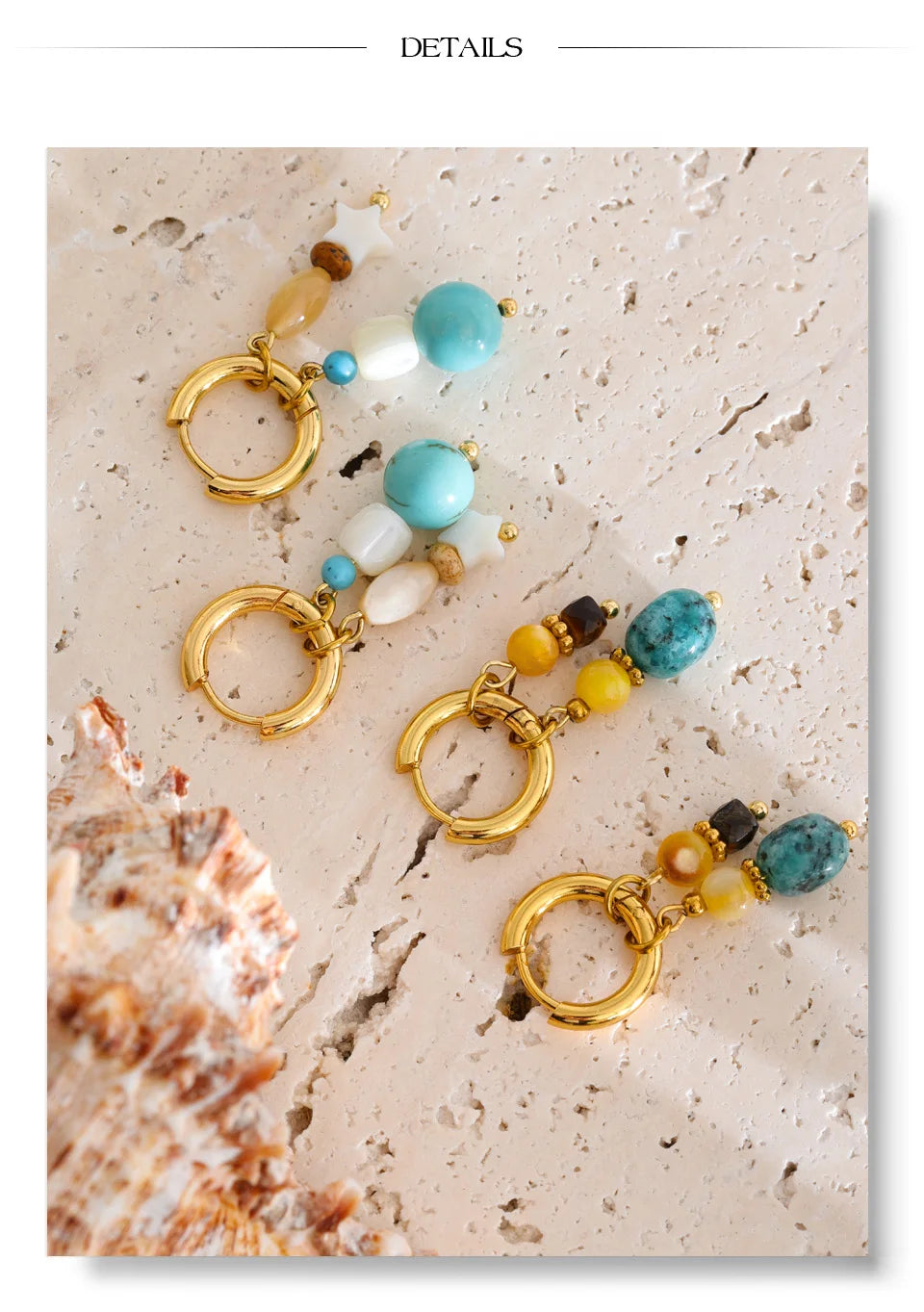 Natural stone star geometric earrings in gold-plated stainless steel with natural stone.