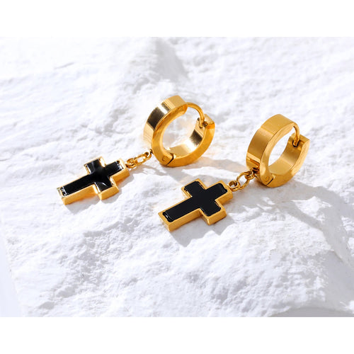 Cross Huggie Earrings Black Acrylic Charm — 316L Stainless Steel