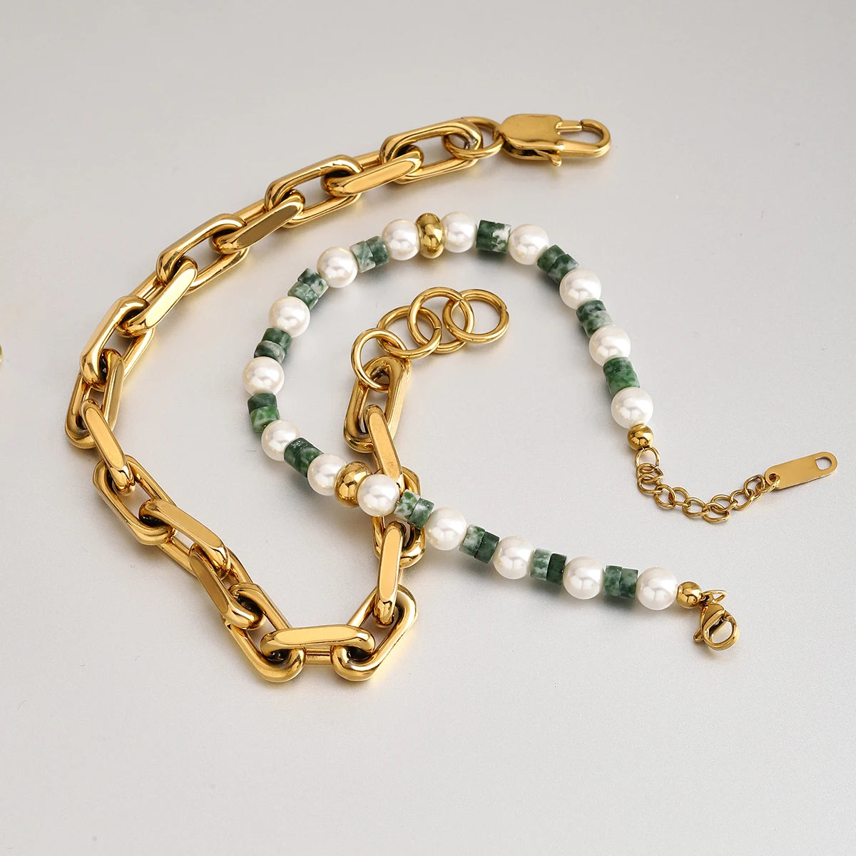 Green Bead Chain Bracelet Stack — Stainless Steel · PS016