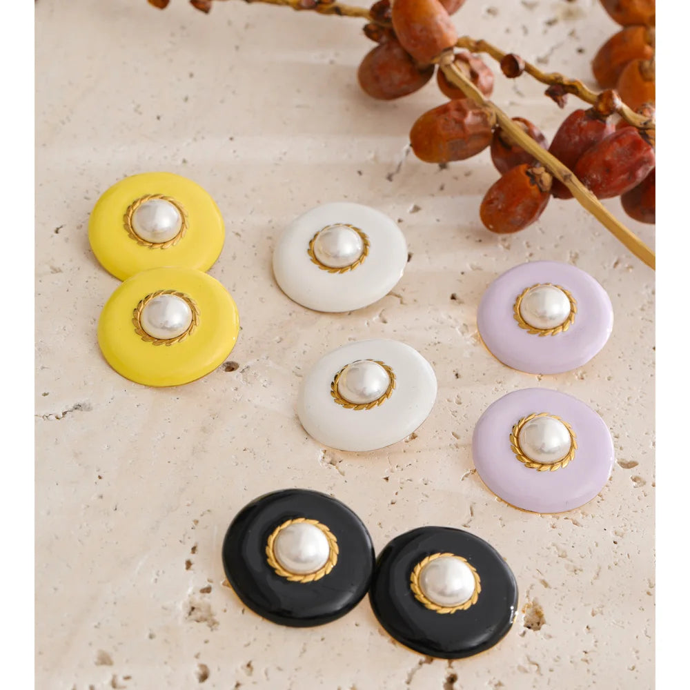 Pearl Enamel Multi-Color Earrings — Gold-Plated Stainless Steel with Pearl and Enamel · PS1521