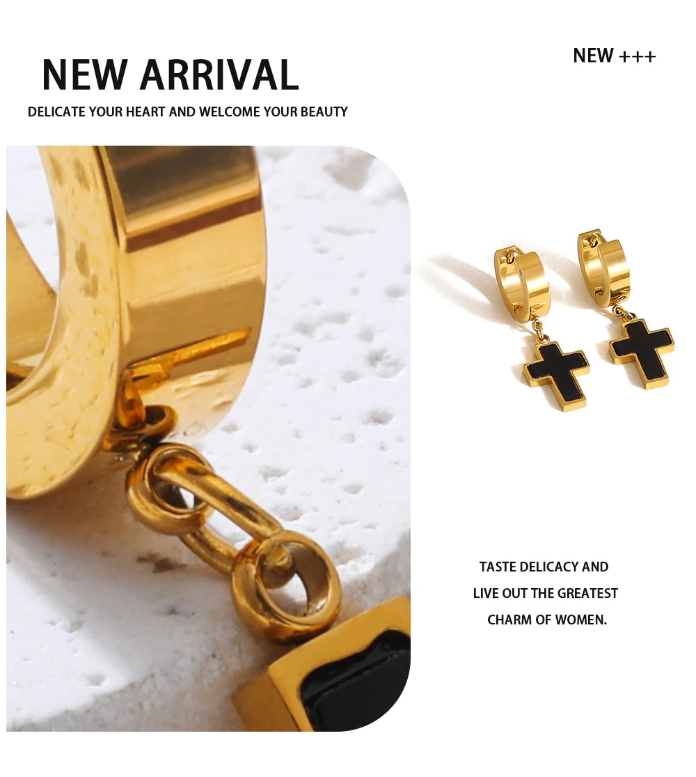 Cross Huggie Earrings Black Acrylic Charm — 316L Stainless Steel · PS456