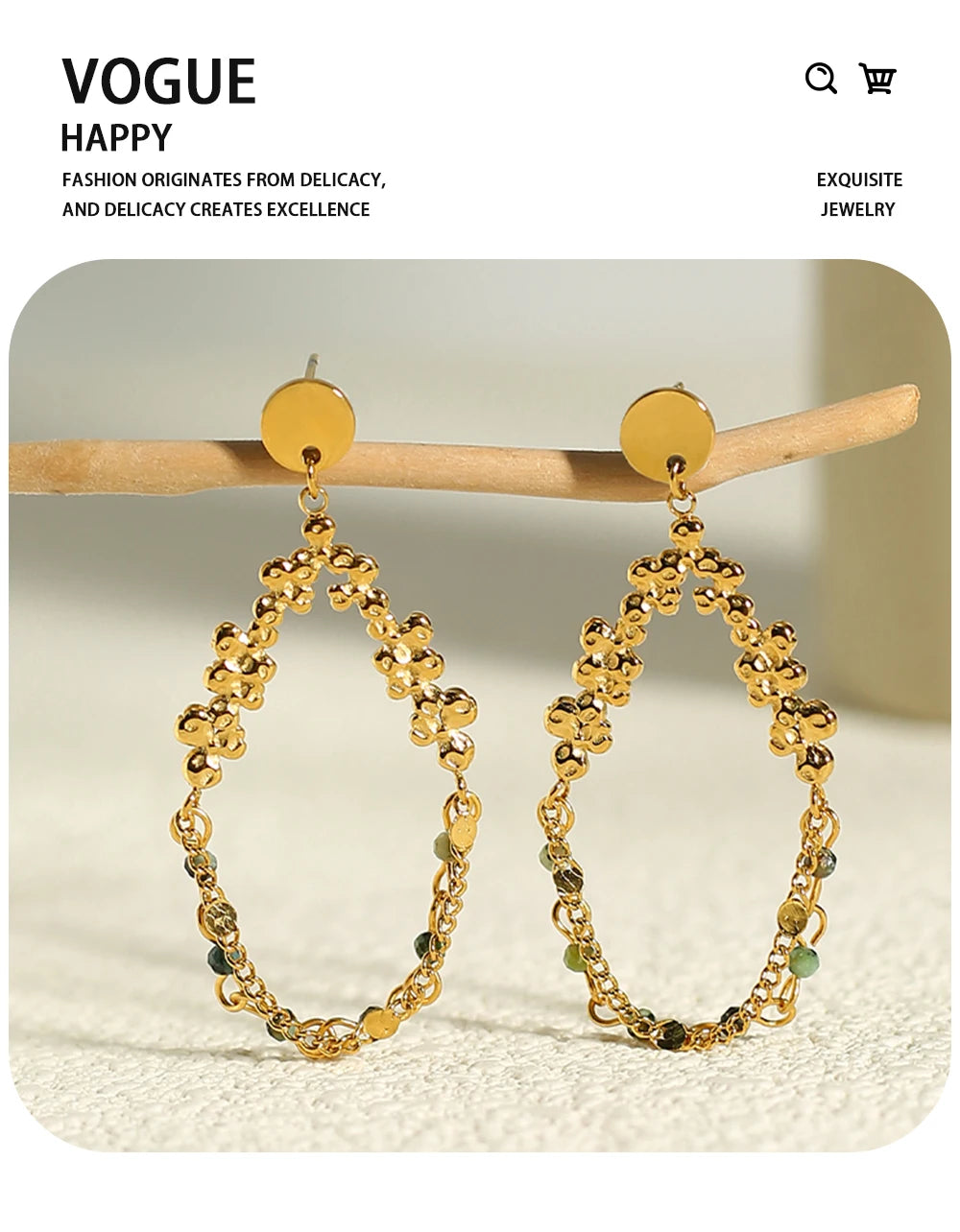 Natural Stone Chain Dangle Earrings — 316L Stainless Steel · PS479
