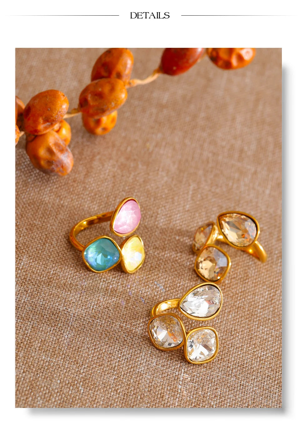 Crystal multi-color geometric ring in 18K gold-plated stainless steel with crystal.