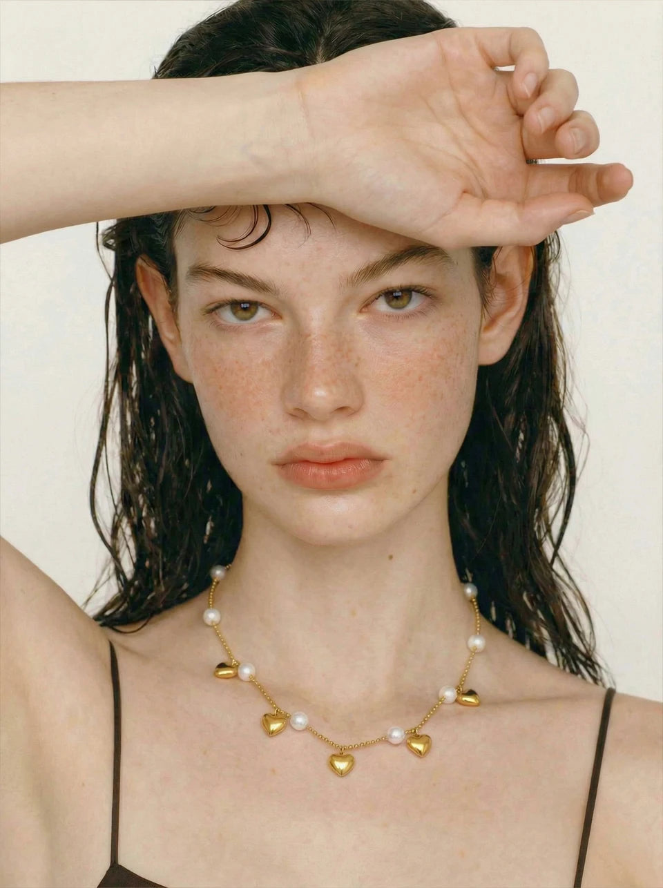 Pearl heart beaded necklace in gold-plated stainless steel with pearl.