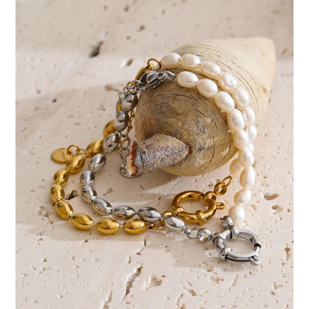 Freshwater Pearl Geometric Bracelet — Gold-Plated Stainless Steel with Freshwater Pearl · PS2057