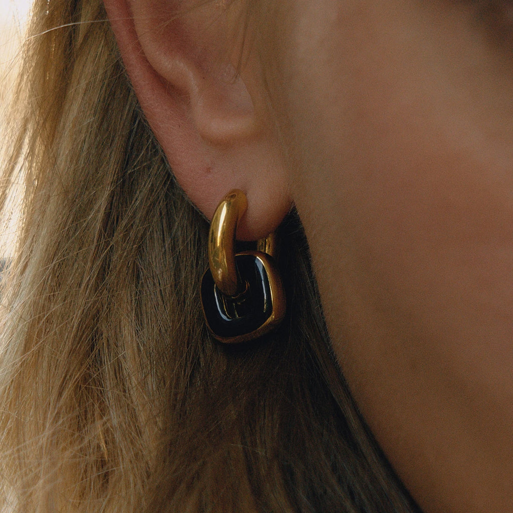 Brown Enamel Double Ring Earrings — Stainless Steel · PS283
