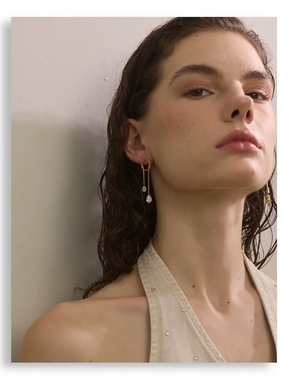 Cubic Zirconia Geometric Chain Earrings — Gold-Plated Stainless Steel with Cubic Zirconia · PS1608