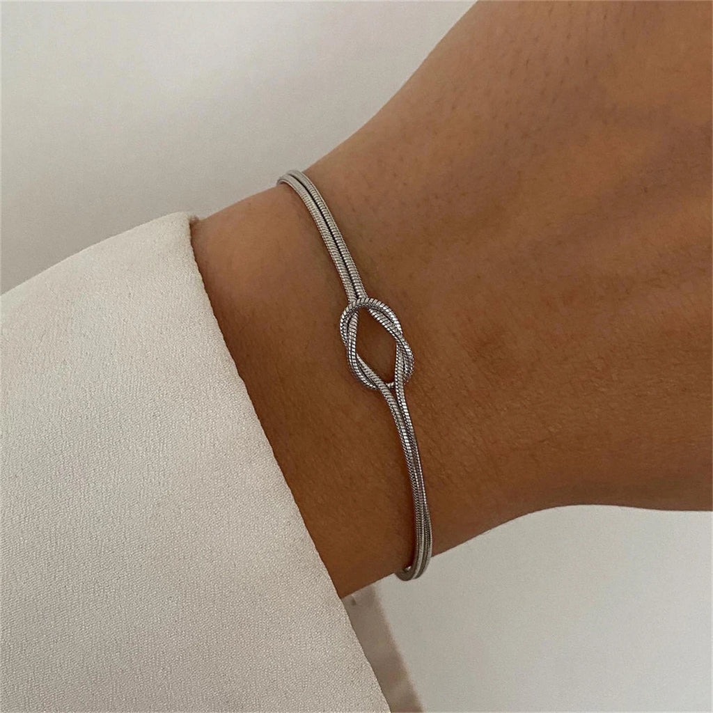 Valentine's Day Gift Titanium Steel Knot Snake Chain Bracelet Handmade Knot Herringbone Ring Plated with True Gold