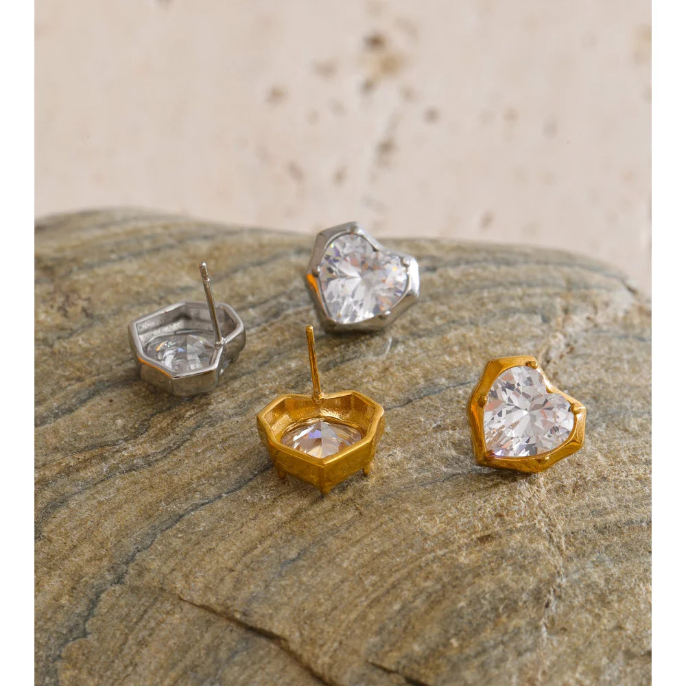 Cubic Zirconia Heart Earrings — Gold-Plated Stainless Steel with Cubic Zirconia · PS1479