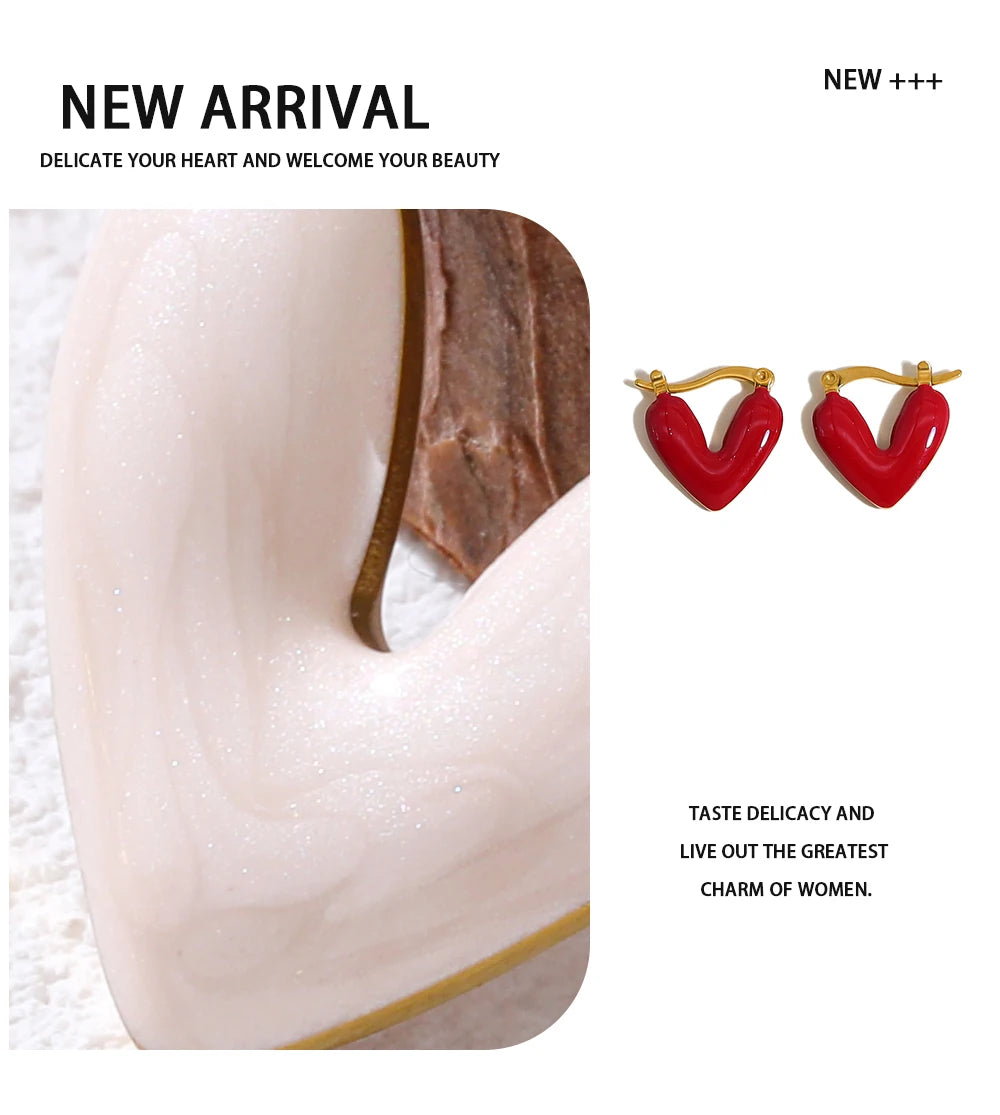 Hoop Earrings Heart Pink Black Red Enamel Vintage — 316L Stainless Steel · PS393