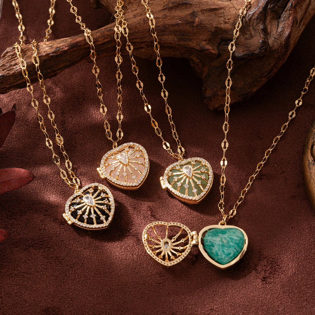 New Natural Stone Round Opening Necklace for Women with Peach Heart Opening, Gold Plated and Color Preserving