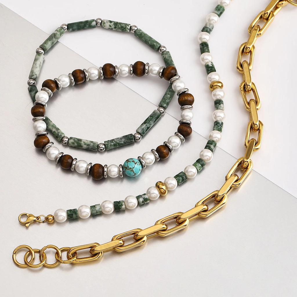 Green Bead Chain Bracelet Stack — Stainless Steel · PS016