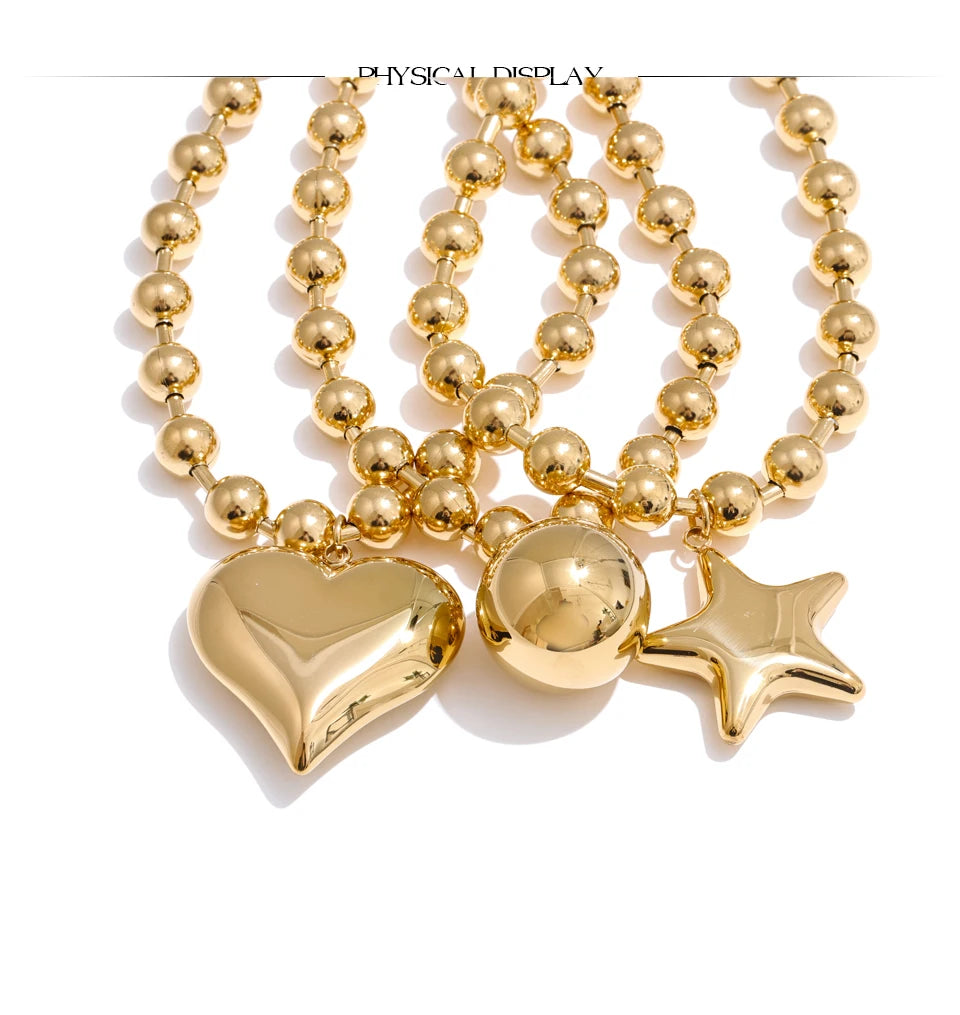 Heart star beaded necklace in gold-plated stainless steel.
