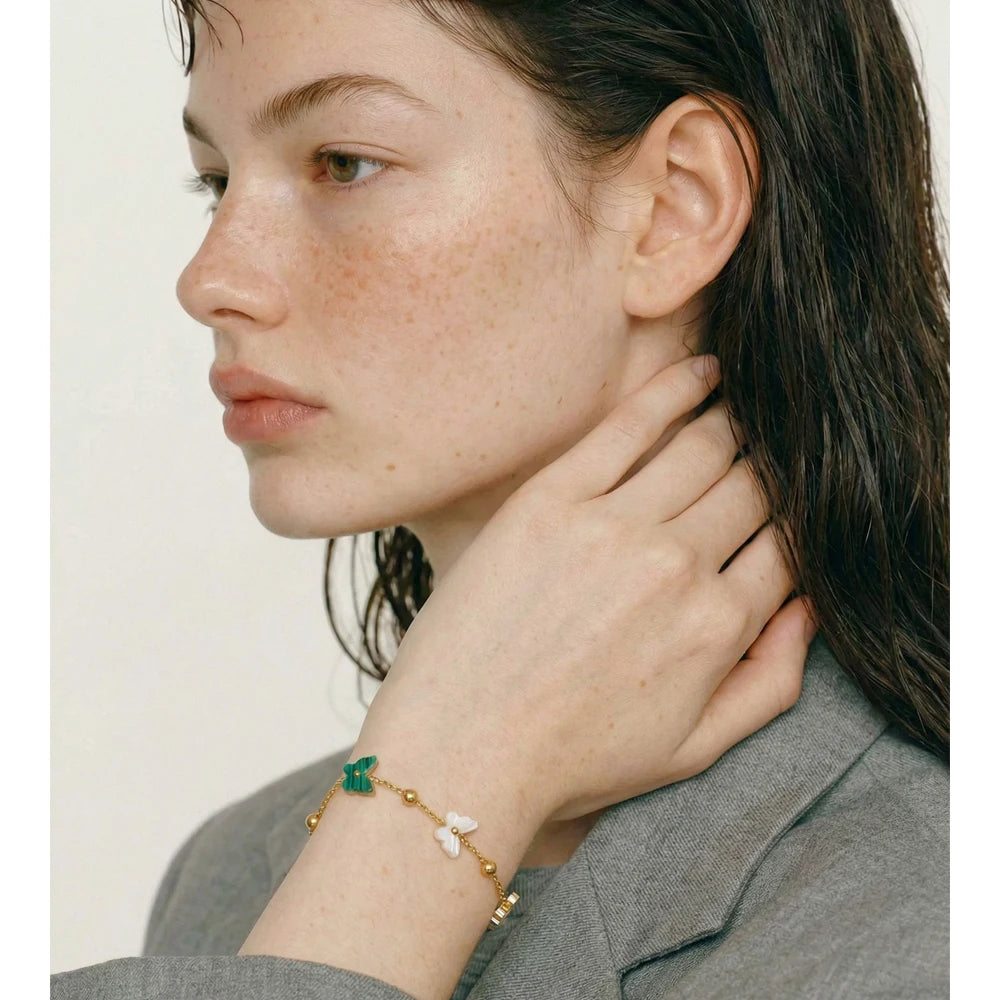 Shell Natural Stone Butterfly Bracelet — Gold-Plated Stainless Steel with Natural Stone and Shell · PS1015