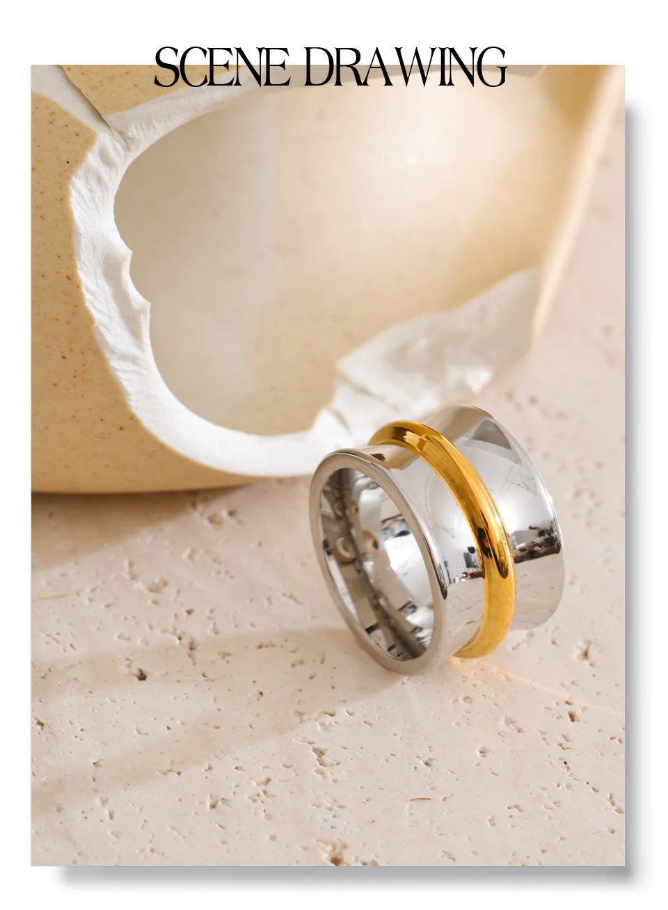 Minimalist geometric ring in 18K gold-plated stainless steel.