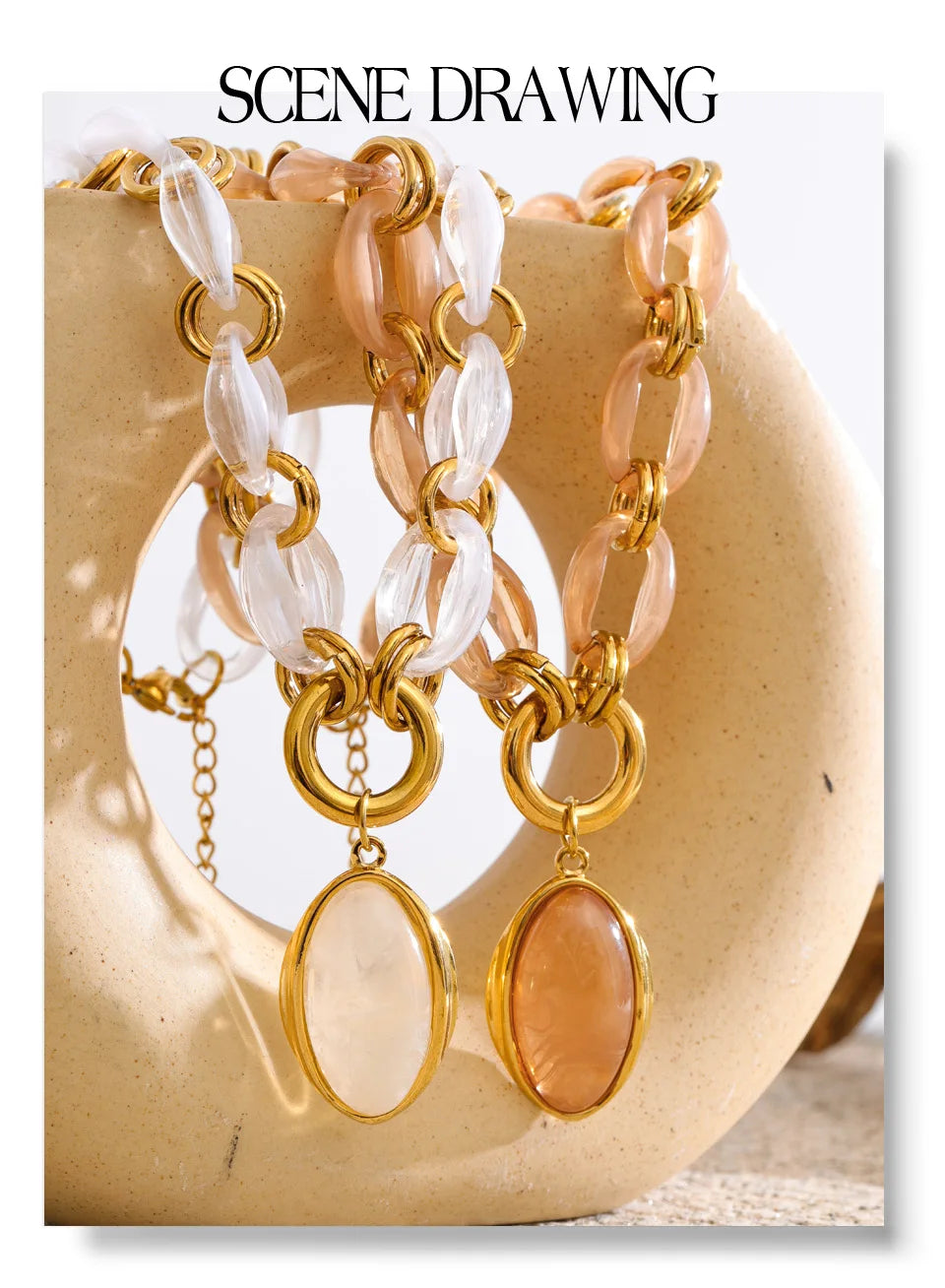 Resin acrylic geometric necklace in gold-plated stainless steel with resin and acrylic.
