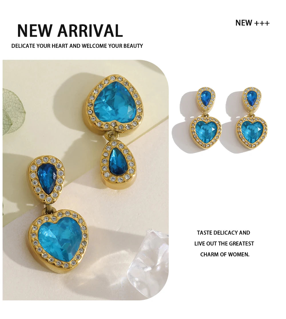 Drop Earrings Vintage Blue Crystal Heart — 316L Stainless Steel · PS466