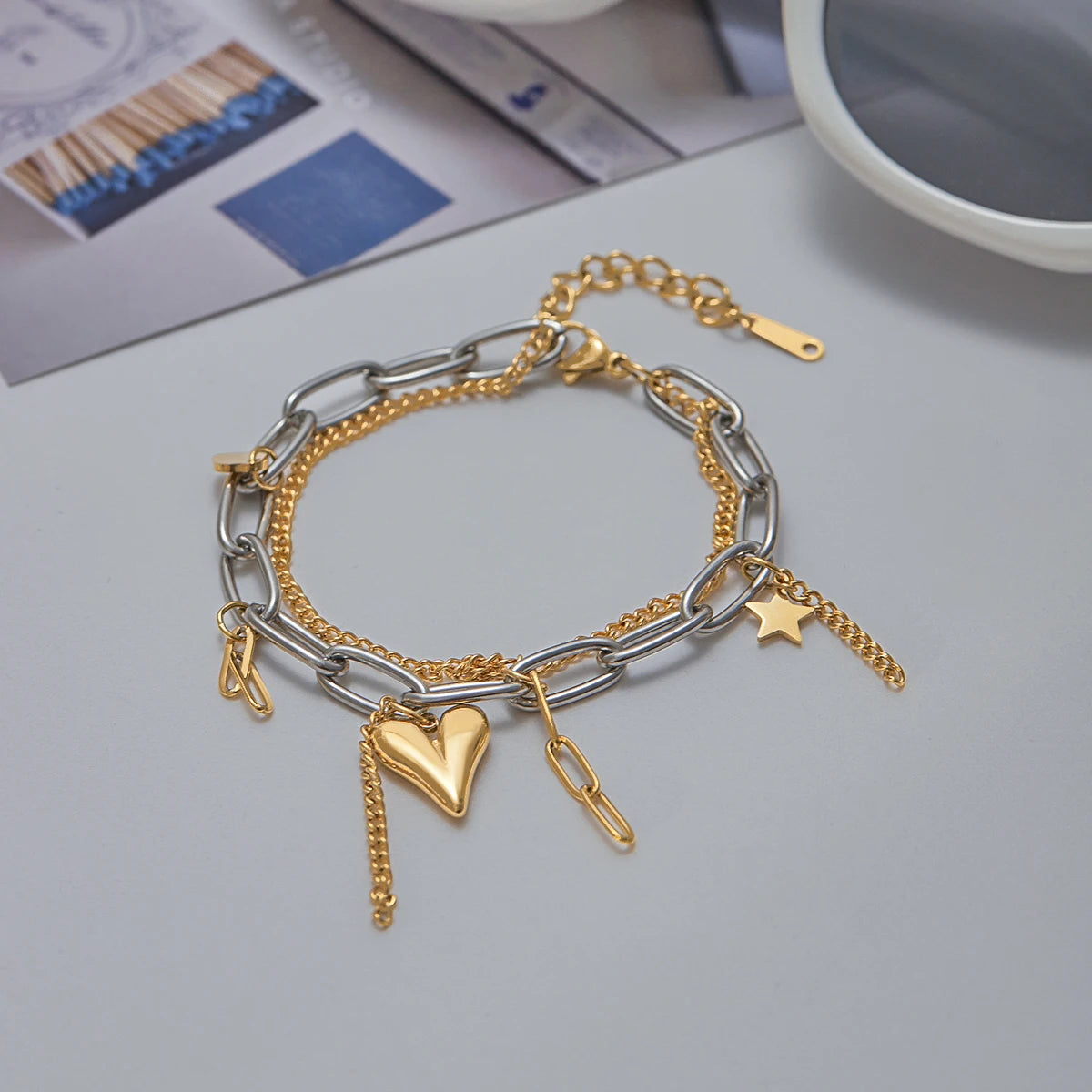 Bow Heart Charm Bracelet — Stainless Steel · PS017