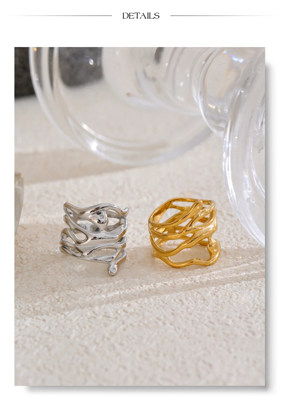 Geometric layered ring in gold-plated 316L stainless steel.