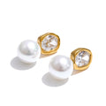 Cubic Zirconia Pearl Geometric Earrings — Gold-Plated Stainless Steel with Pearl and Cubic Zirconia · PS1428