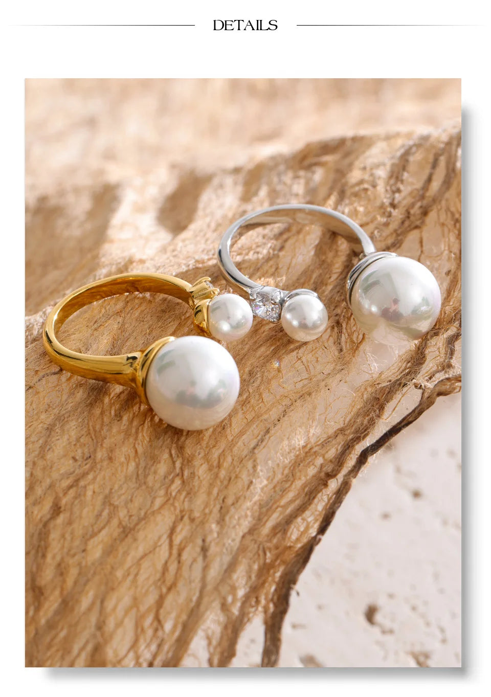 Cubic zirconia pearl geometric ring in 18K gold-plated stainless steel with pearl and cubic zirconia.