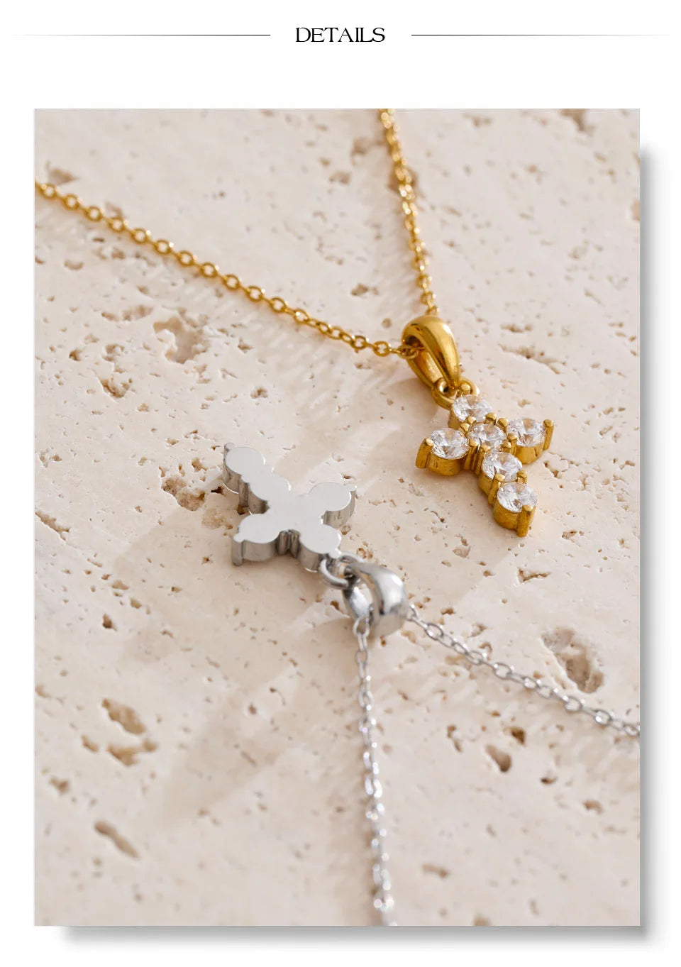 Cubic zirconia cross necklace in gold-plated stainless steel with cubic zirconia.