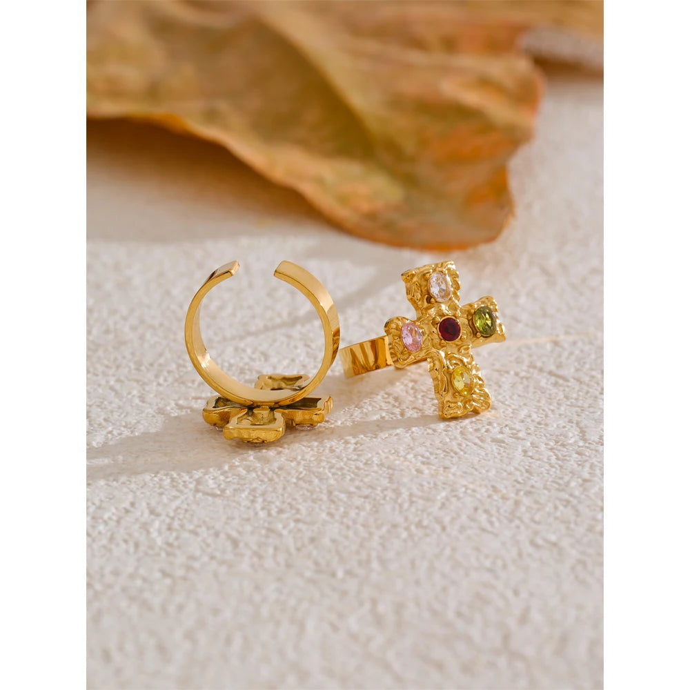Cubic zirconia cross multi-color ring in 18K gold-plated stainless steel with cubic zirconia.