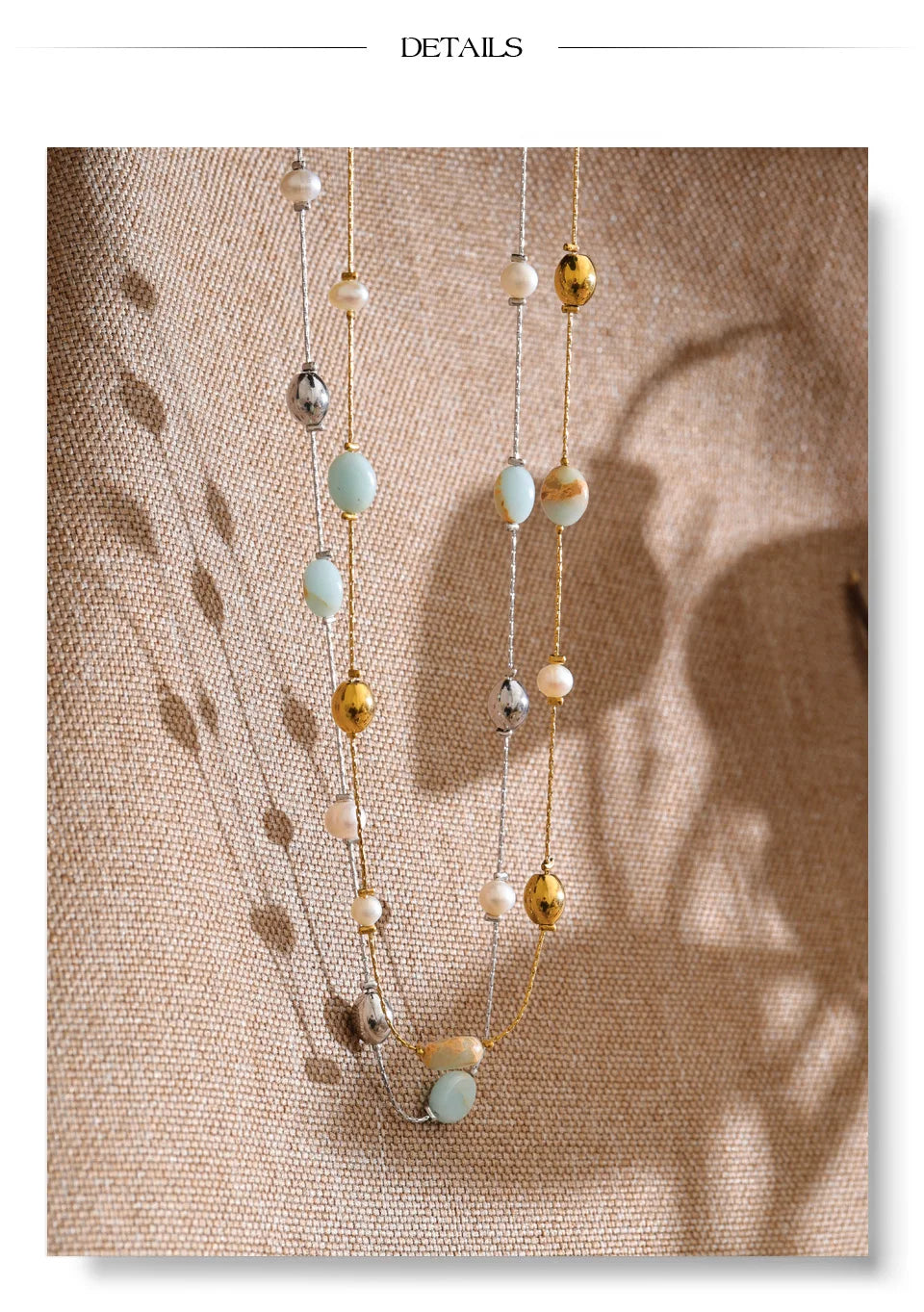 Pearl natural stone beaded necklace in gold-plated stainless steel with pearl and natural stone.