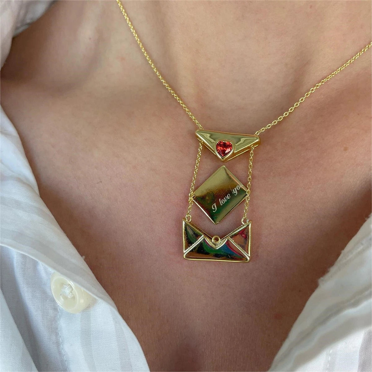 Valentine's Day Red Love Envelope Box Necklace Opening and Closing English Words I Love You Proverbs Necklace
