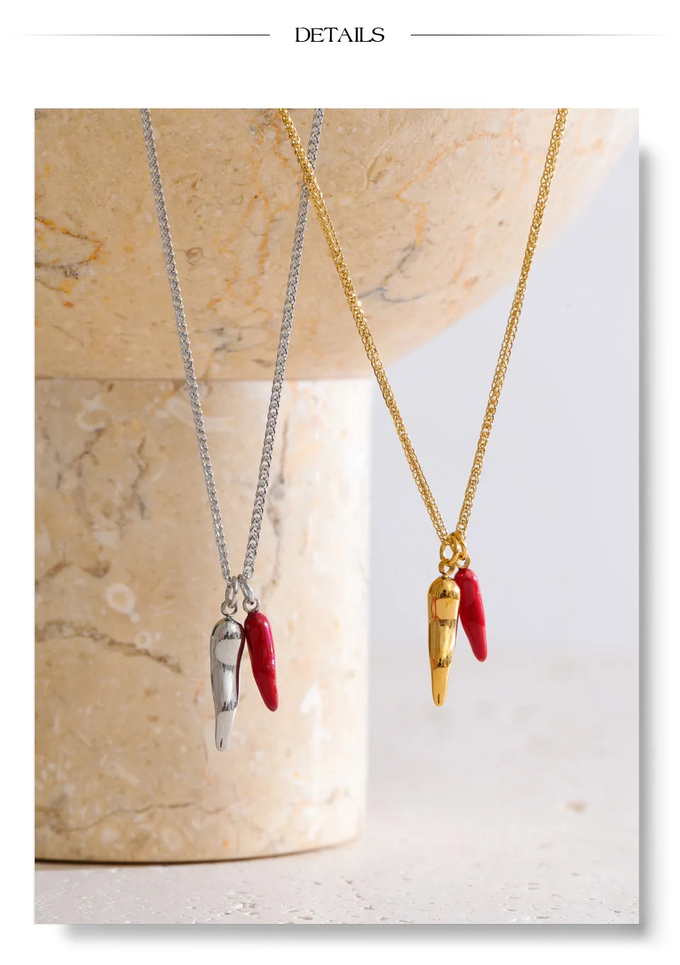 Red enamel geometric necklace in gold-plated stainless steel with enamel.