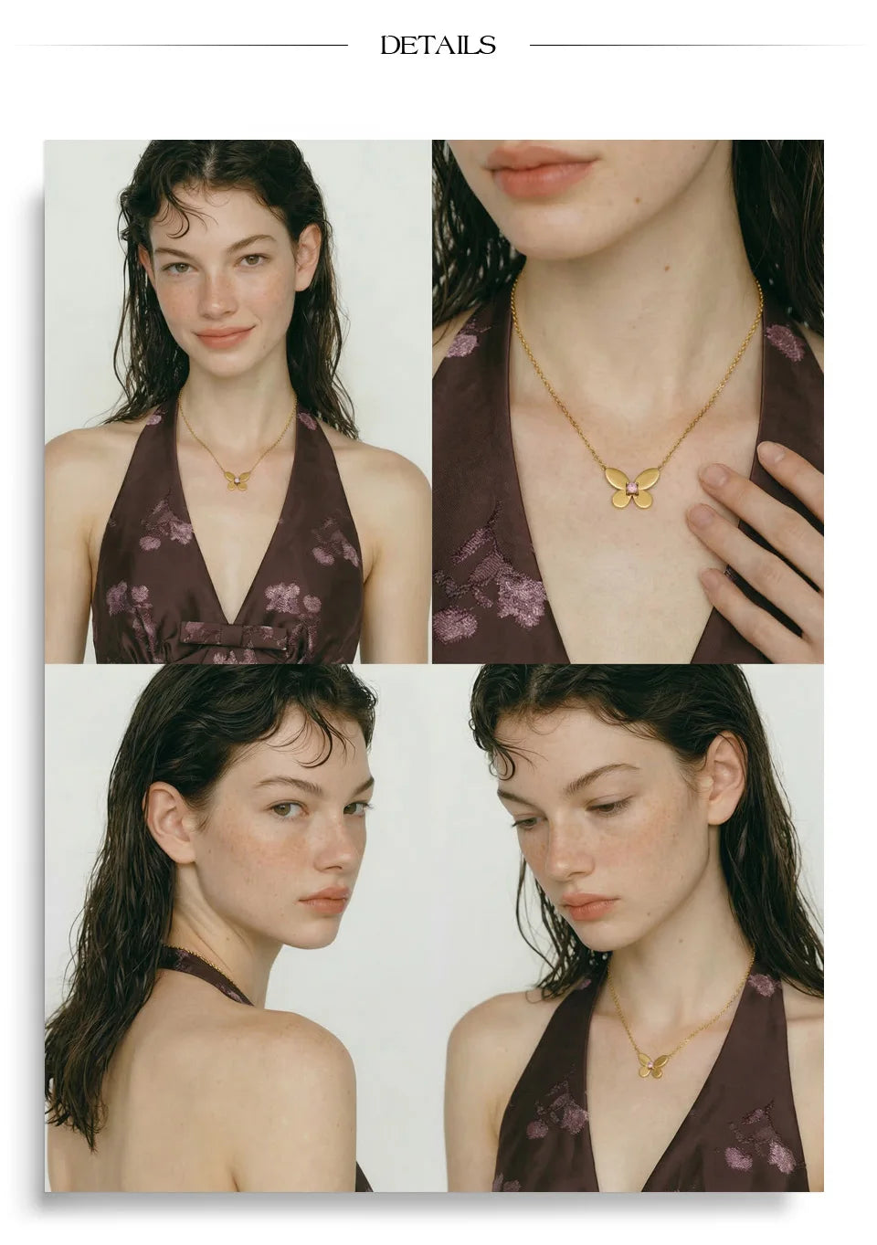 Cubic zirconia butterfly necklace in gold-plated stainless steel with cubic zirconia.