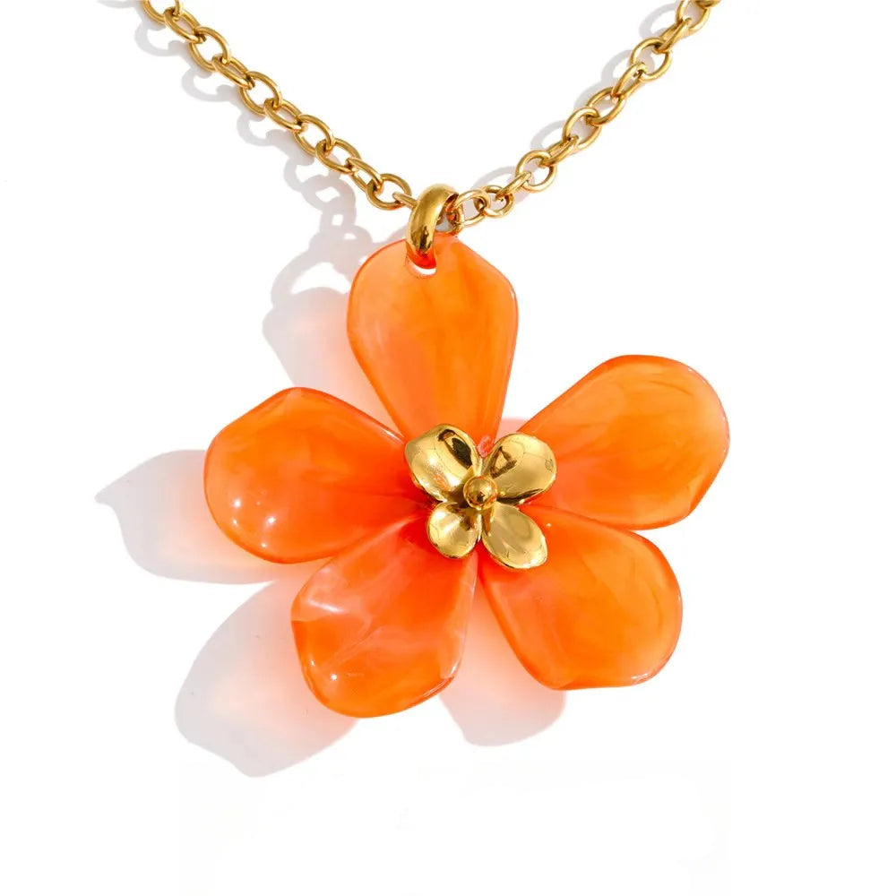 Gold-plated stainless steel necklace with orange flower pendant.