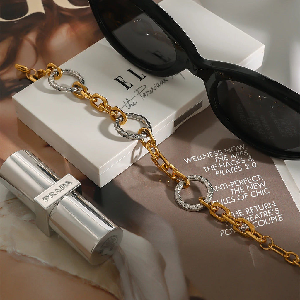 Two-Tone Link Charm Bracelet Stack — Stainless Steel · PS036
