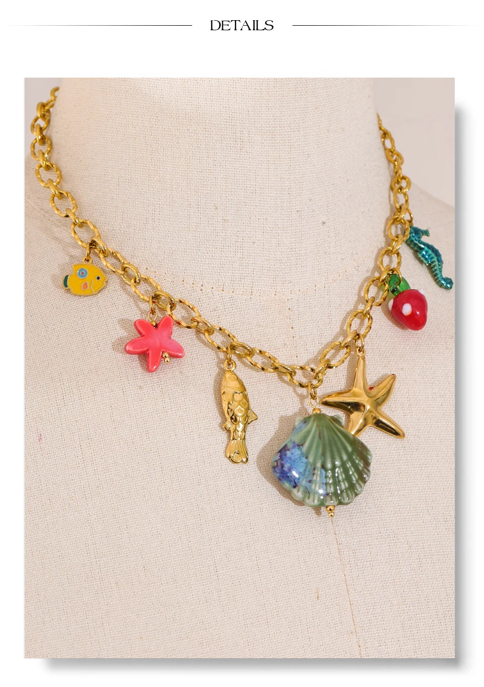 Shell enamel star necklace in gold-plated stainless steel with shell and enamel.