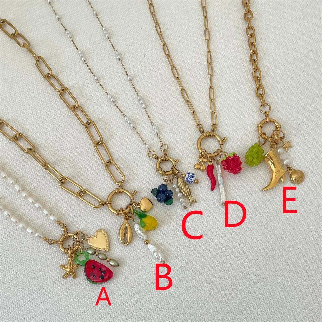 Stainless steel fruit heart boots ins high-end feeling collarbone chain pearl starfish gold-plated color preservation