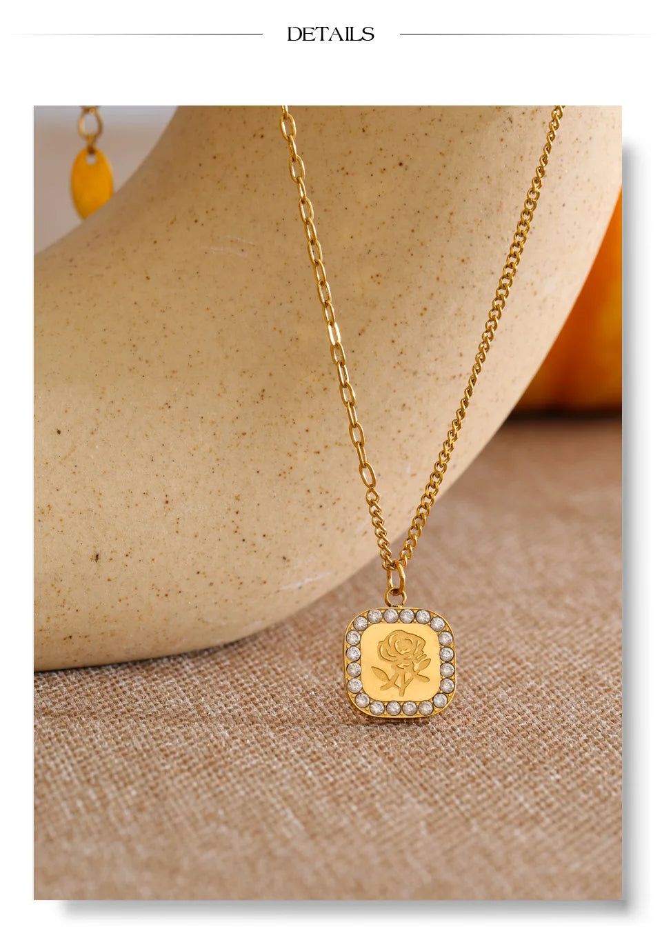 Cubic zirconia flower geometric necklace in gold-plated stainless steel with cubic zirconia.