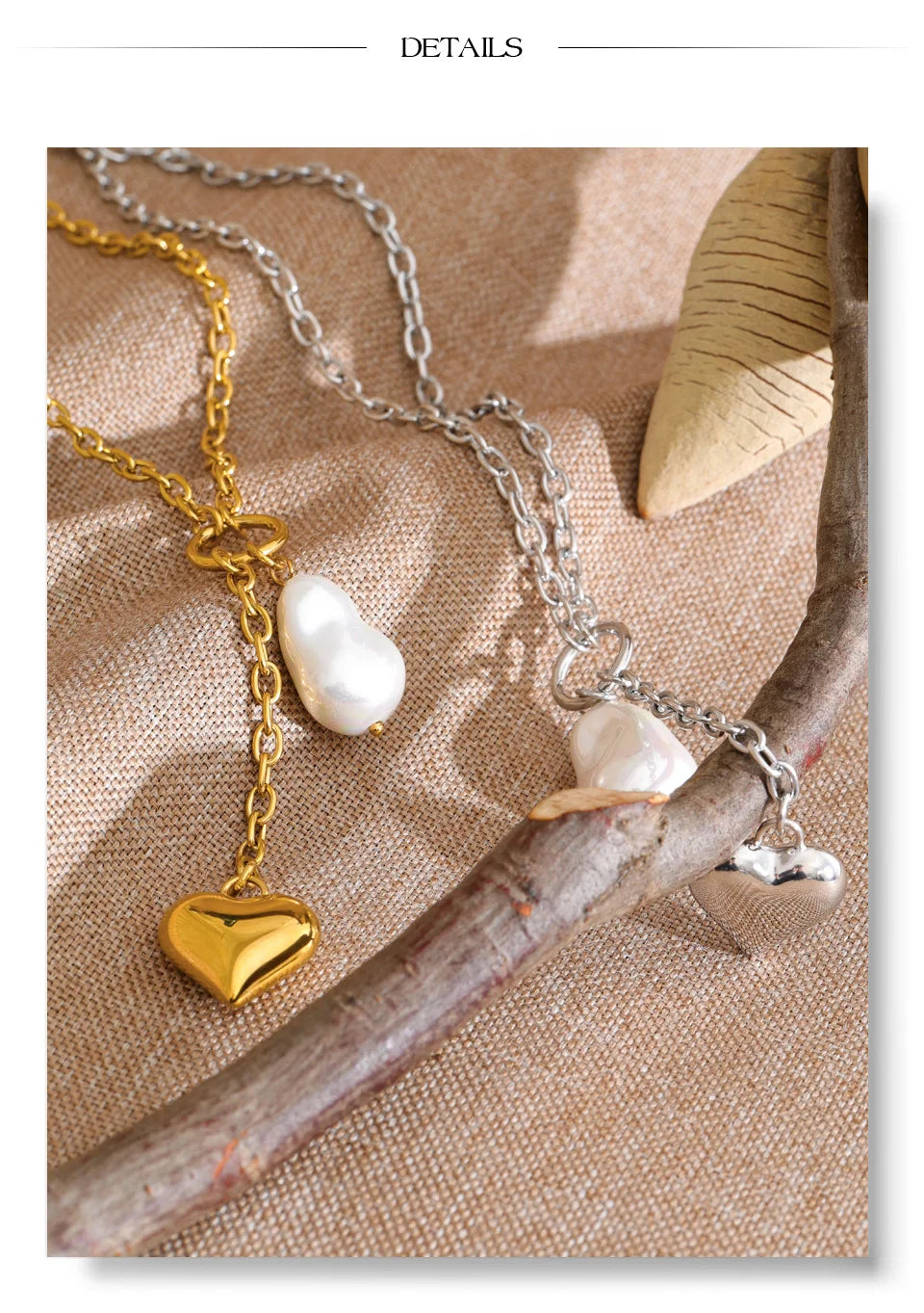 Pearl heart geometric necklace in gold-plated stainless steel with pearl.